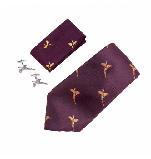 JP TIE, HANKY AND CUFFLINKS GIFT SET PHEASANT - WINE