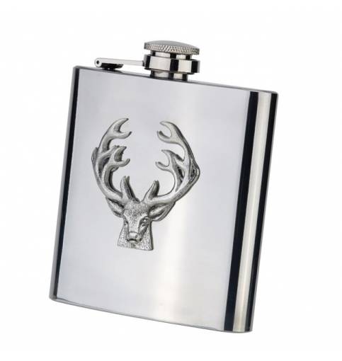 Stainless Hip Flask 6oz with Pewter Stag